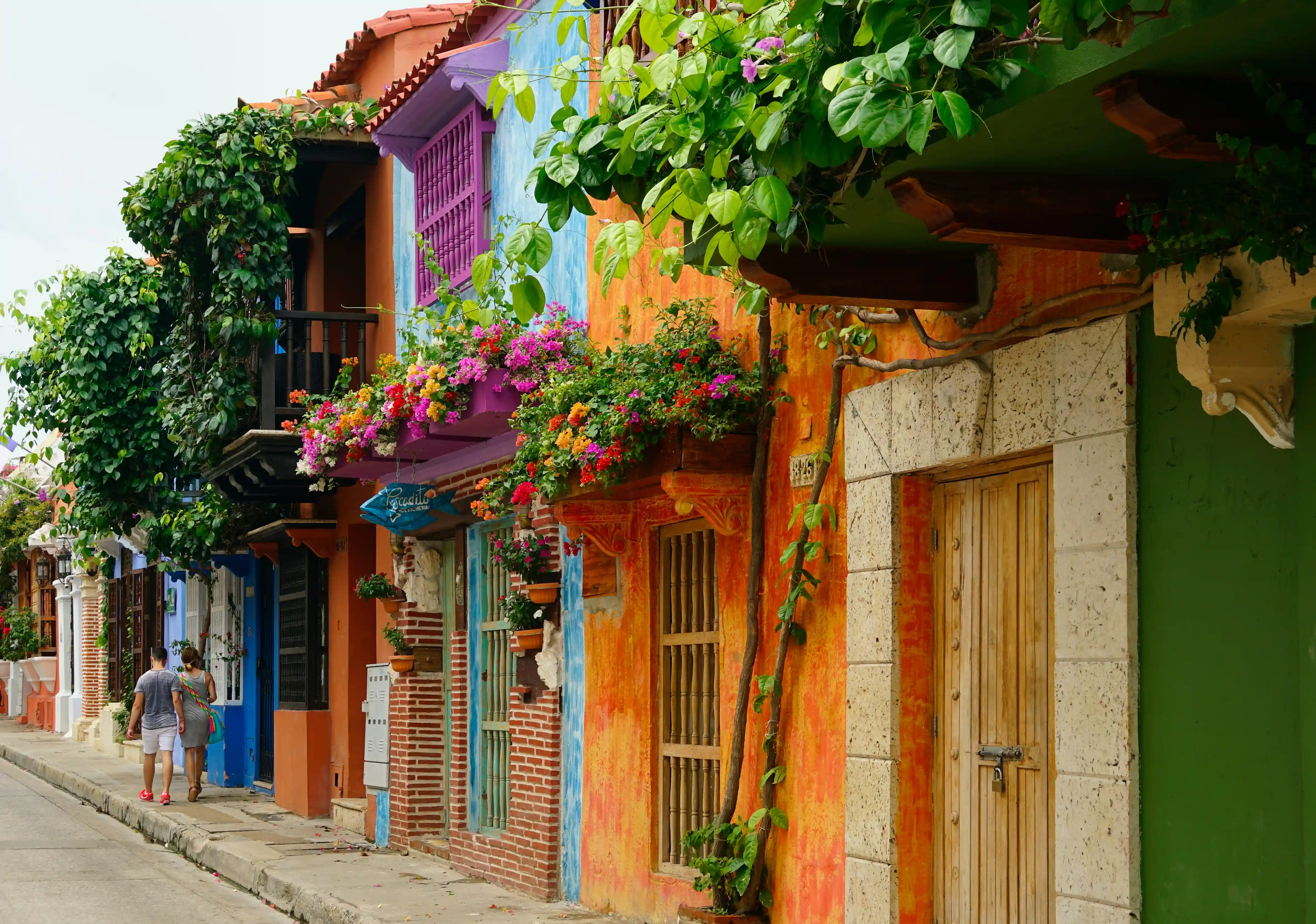 A street in Cali, Colombia, lined with diverse and colorful buildings with lush plants hanging from them.