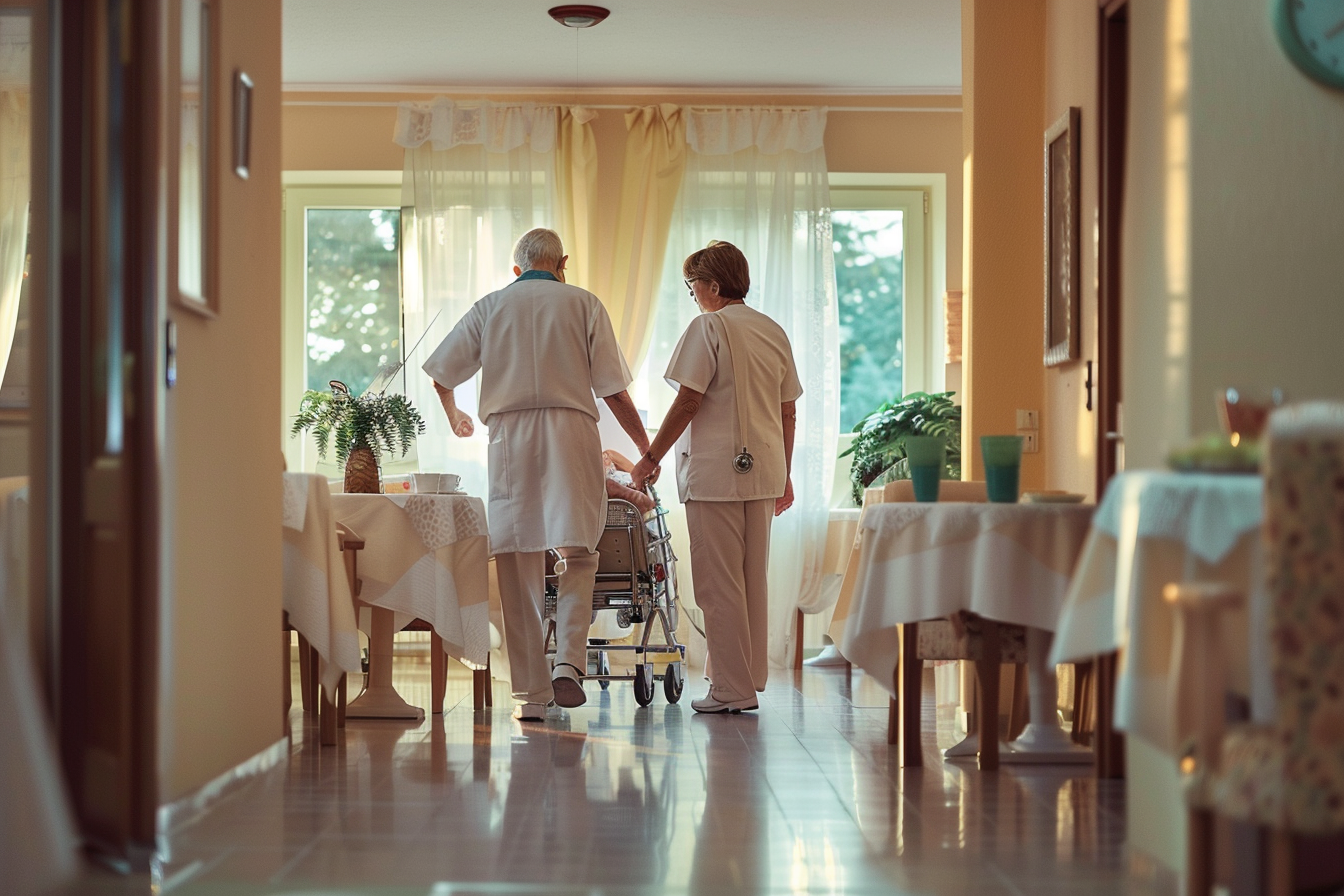 A caregiver and nurse asssisting a resident in moving about the facility dining room.
