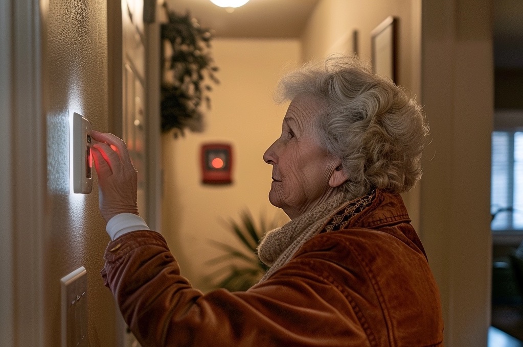 A resident using an emergency call button in their apartment, showcasing safety features.