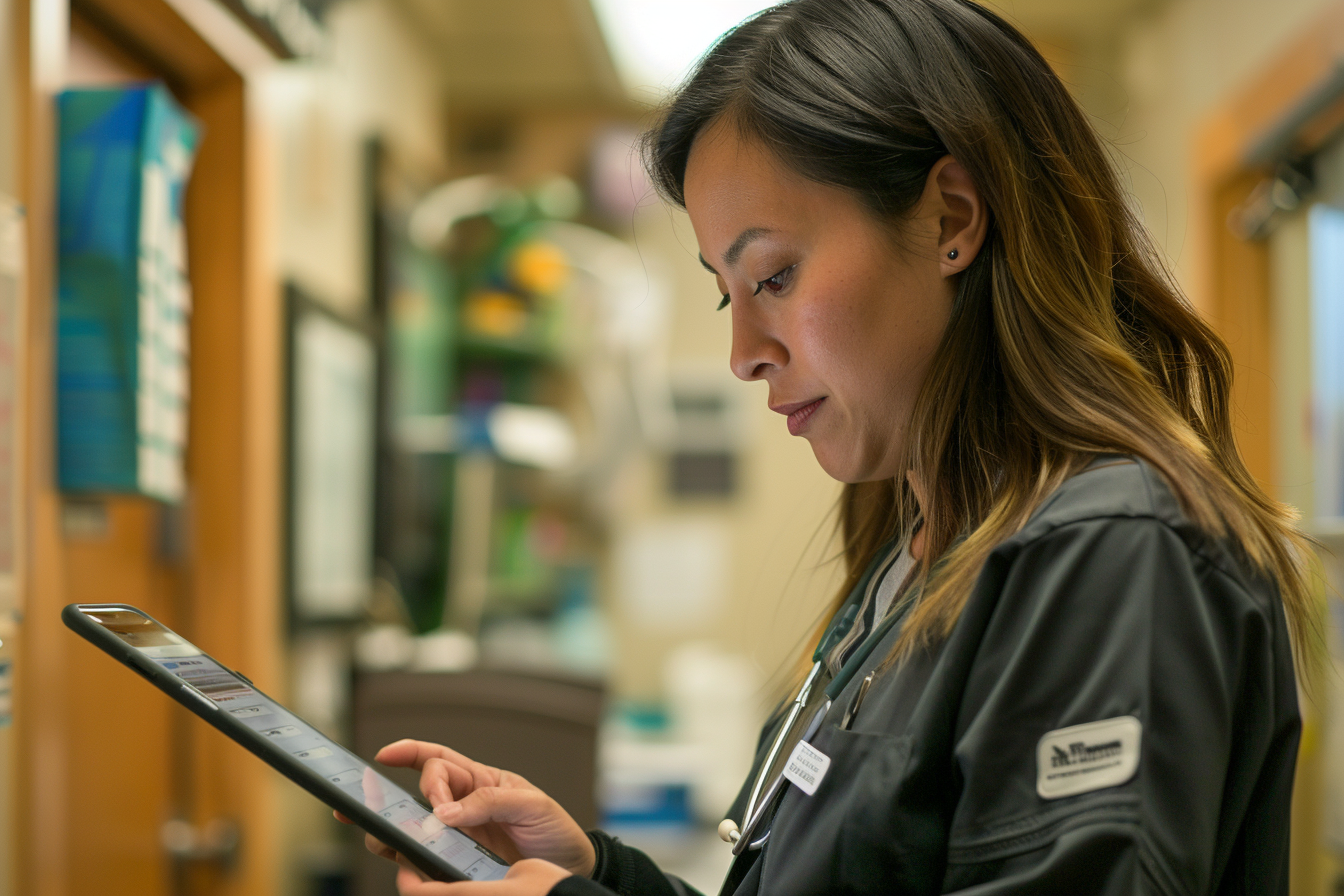A staff member reviewing a care plan on a tablet or clipboard, highlighting the adaptability and personalized care approach.
