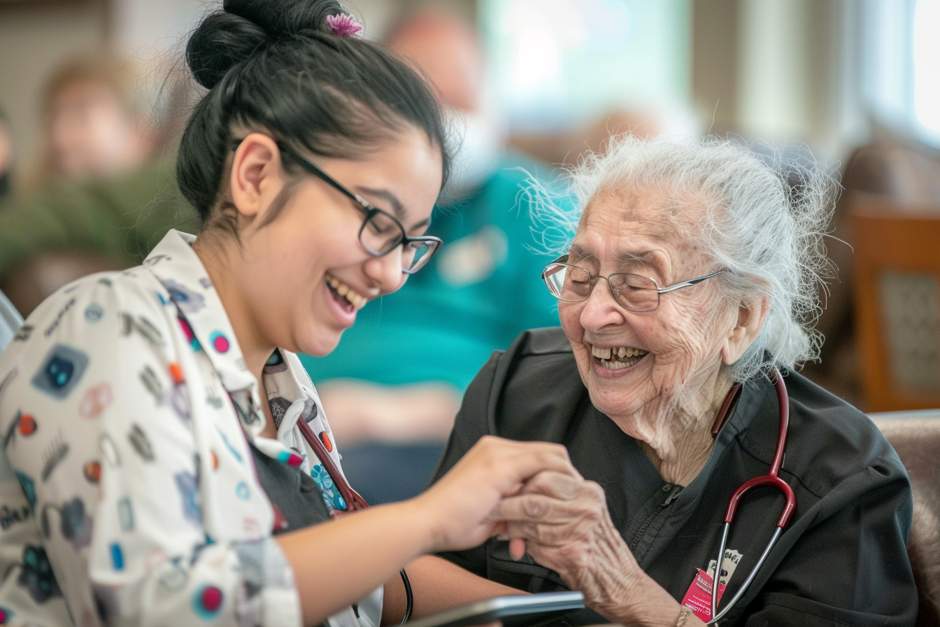 A caregiver and resident enjoying a laugh together during an activity, showcasing the close relationships and personalized attention.