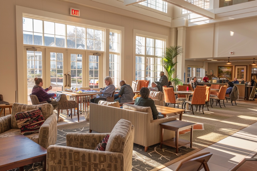 A cheerful, sunlit common area where residents participate in a group activity, highlighting the community aspect.
