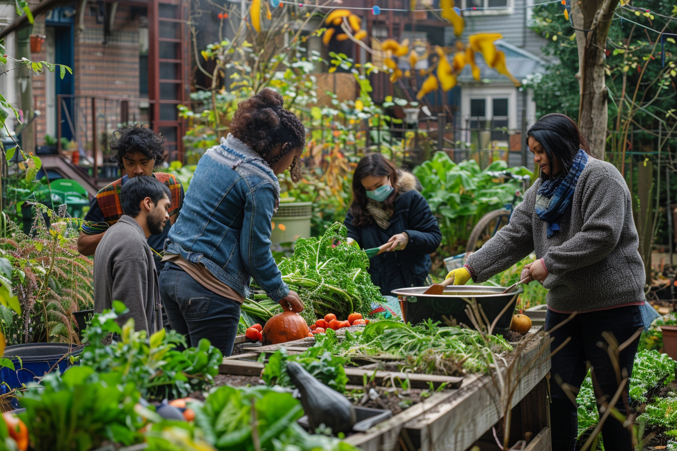 A small group of residents engaging in a communal activity, such as gardening or cooking together, showing the tight-knit community aspect.