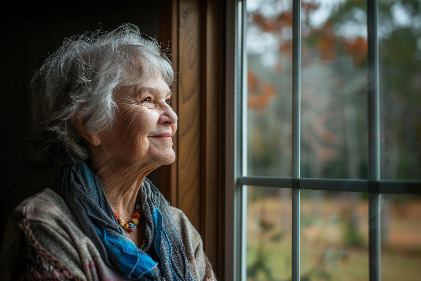 A peaceful, comforting image of a senior looking out a window with a view of nature, reflecting contemplation and the peace of mind that comes with having navigated the Medicaid process successfully.