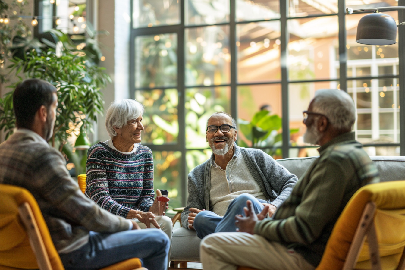 A welcoming image of a diverse group of seniors enjoying a conversation in a sunny, common area of an assisted living facility.