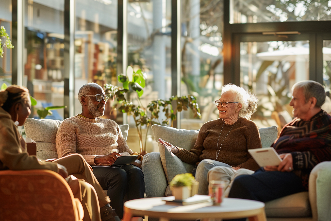 Residents of a Senior Living Facility engaging in conversation in the lobby.