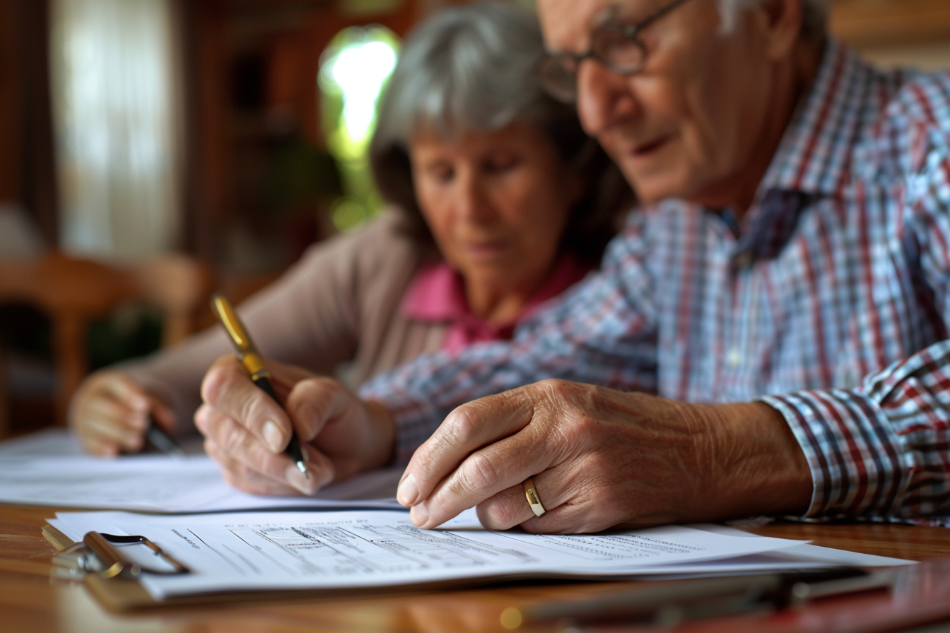A senior and their family member consulting with a caregiver or home manager, representing the decision-making process.