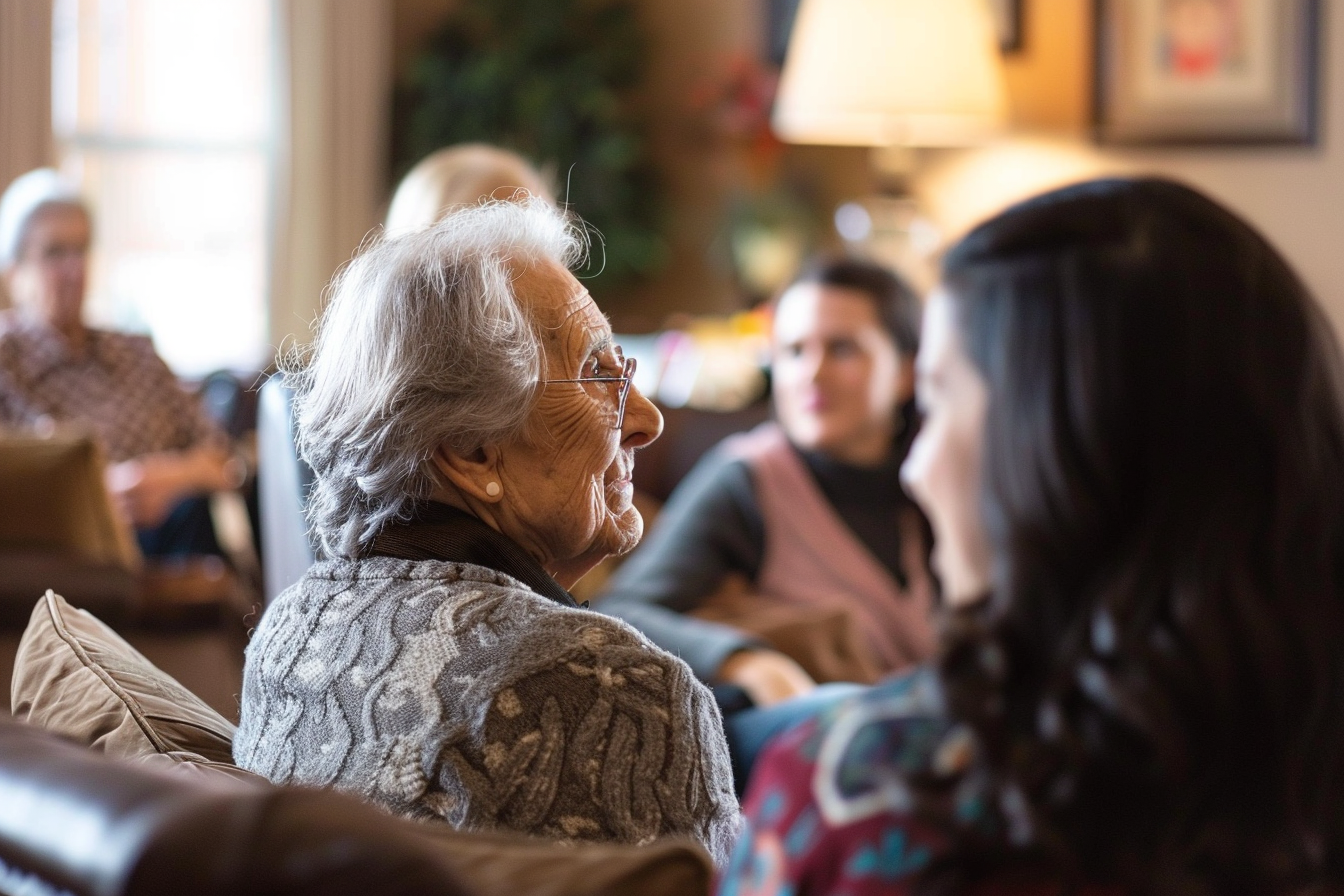 A photo of residents engaging in a group activity with residents smiling and interacting.