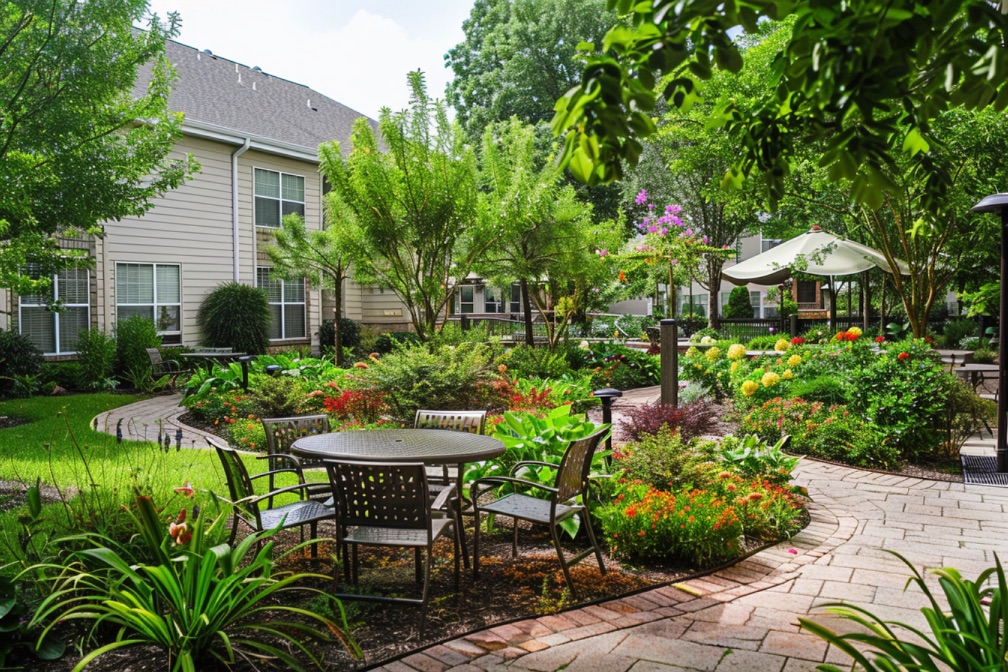 A serene outdoor garden area of an assisted living facility, where residents can enjoy nature and relax.