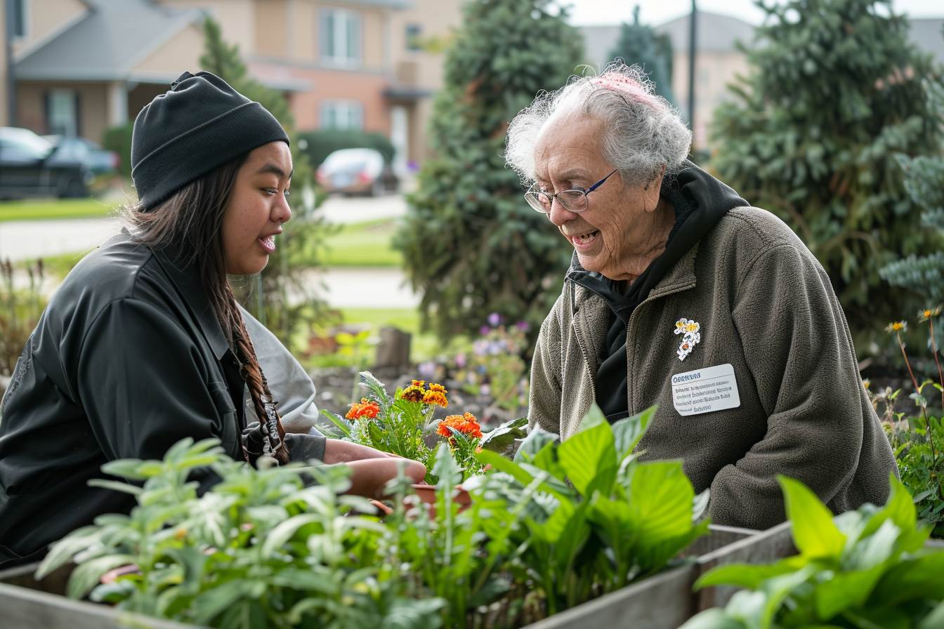 An image showing a caregiver interacting one-on-one with a resident, helping with gardening and conveying warmth and personalized attention.