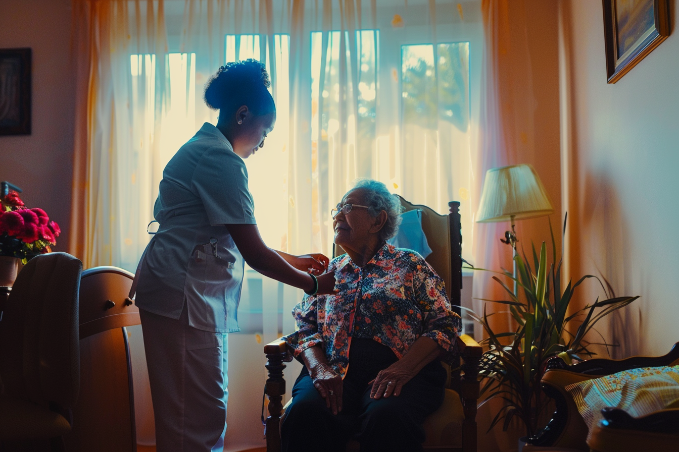 A compassionate caregiver assisting a senior with daily tasks, highlighting the type of care covered by Medicaid in assisted living settings.