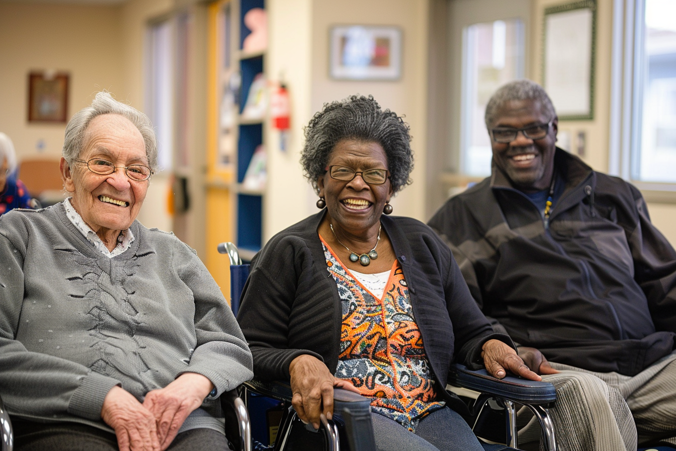 An image of a serene, happy group of elderly individuals in an assisted living facility, representing peace of mind.