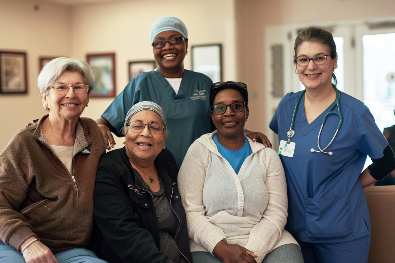 A heartwarming photo of residents and staff members together, perhaps in a group photo, conveying a sense of community and belonging.
