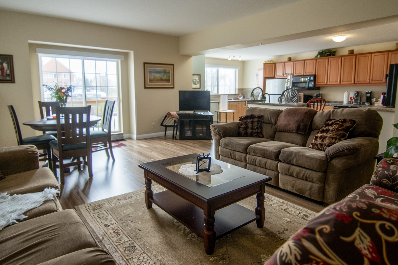 The interior of a small assisted living home, focusing on common areas that are designed to feel like a living room or dining room in a family home.