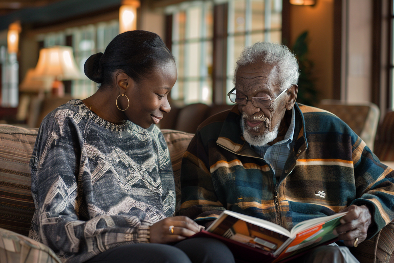 A resident enjoying a book and relaxing as the evening winds down, demonstrating comfort and contentment.