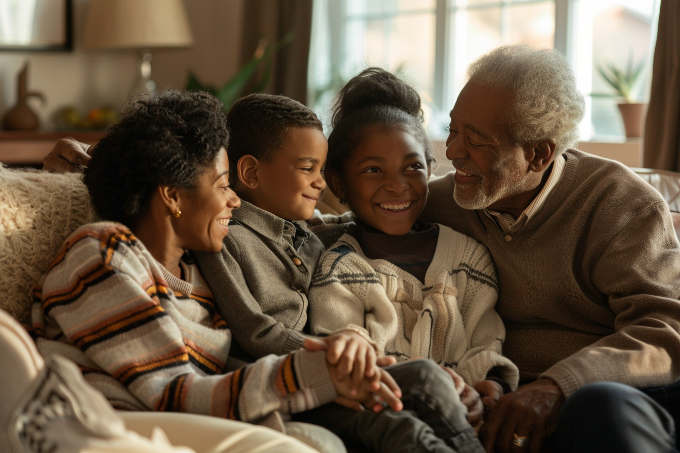 A heartwarming image of a family visiting their loved one in a senior living facility.
